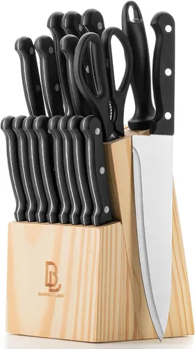 Miniatura 9 de Juego de cuchillos de cocina, 9 piezas, juego de cuchillos de acero inoxidable con bloque y afilador, cuchillos de cocina con bloque de madera