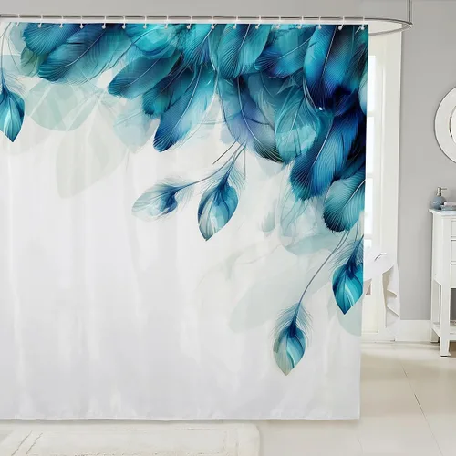 Cortina de ducha de plumas de pavo real de acuarela, color verde azulado, turquesa, floral, hojas verdes, juego de decoración del hogar, juego de