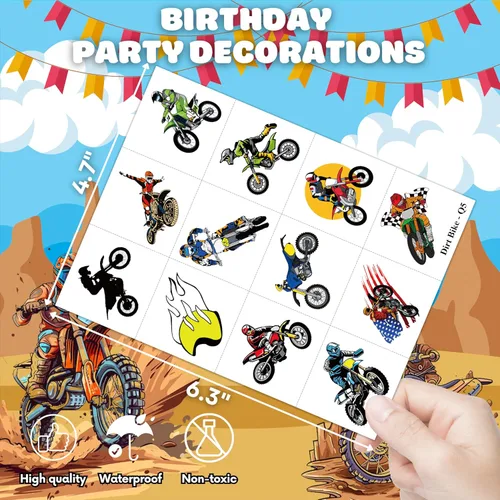 Miniatura 5 de Tatuajes temporales de motocross – 96 piezas (8 hojas) calcomanías de tatuaje falso para niños y niñas Suministros para fiestas de cumpleaños