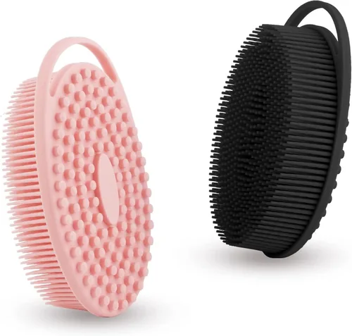 Exfoliante corporal de silicona suave, 2 piezas de ducha corporal de silicona, esponja de silicona 2 en 1, cepillo de baño y champú, limpiador