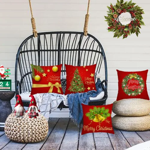 Miniatura 7 de Juego de 4 fundas de almohada de Navidad de 12 x 12 pulgadas, fundas de almohada de terciopelo de Navidad, fundas de almohada doradas y rojas
