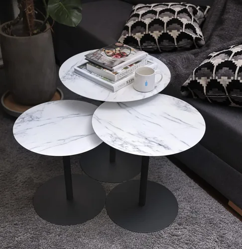 Miniatura 9 de Juego de mesa de centro redonda de metal de 3 piezas con acabado de mármol y marco de acabado de recubrimiento en polvo negro (18"/20"/30")