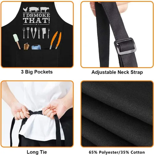 Miniatura 5 de Delantal divertido para hombres – I'D Smoke That – Día del Padre, regalos de barbacoa para hombres – Talla única – Delantal de cocina negro con 3 Yo