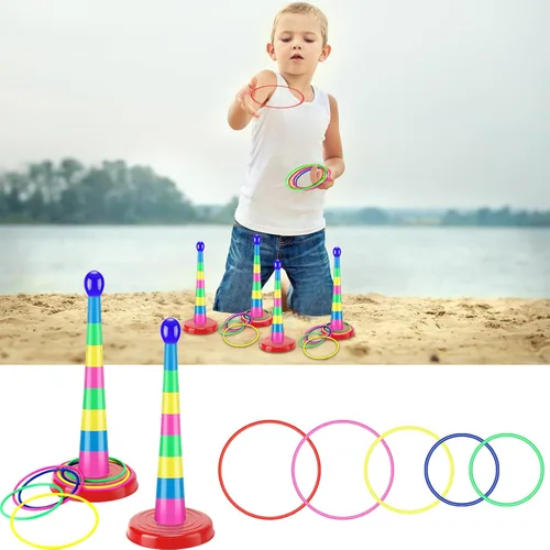 Miniatura 6 de Zubebe 18 Inch Plastic Ring Toss Game for Kids Colorful Tossing and Active Play Set Travel Ring Toss Quoits Toy Portable Carnival Games Indoor