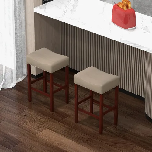 Miniatura 2 de COSTWAY Juego de 2 taburetes de madera sin respaldo de 25 pulgadas con borde de cabeza de clavo, marco de madera de goma, reposapiés, carga máxima