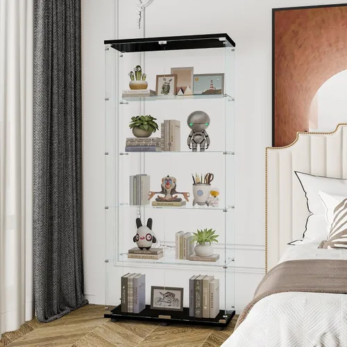 Miniatura 4 de Vitrina de cristal de 74.33 pulgadas con 5 estantes de doble puerta, gabinetes Curio para sala de estar, dormitorio, oficina, estantería de vidrio