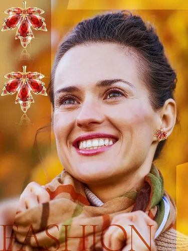 Miniatura 4 de Sasylvia Juego de 4 piezas de joyería de otoño de hoja de arce para mujer, collar, pulsera de diamantes de imitación, 2 aretes de hoja de arce
