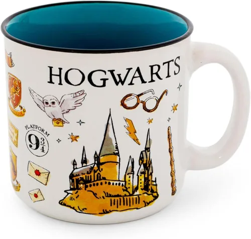 Harry Potter Hogwarts All Over Icons Destination - Taza de cerámica para cámper | Regalos y coleccionables del mundo mágico | Capacidad para 20 onzas