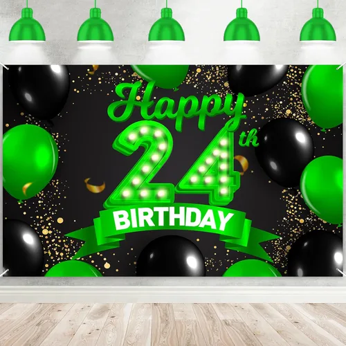 Miniatura 57 de Cartel de feliz cumpleaños 26 verde y negro, telón de fondo con texto en inglés "Cheers to 26 years old confeti", globos de confeti, decoración