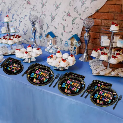 Miniatura 5 de Tevxj Juego de vajilla de cumpleaños de 96 piezas, vajilla de cumpleaños colorida y negra, platos desechables para postre, vajilla temática