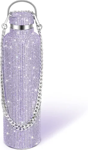Miniatura 27 de Geiserailie Botella de agua con diamantes de imitación de acero inoxidable, térmica, recargable, aislada, con cadena, para mujeres y niñas