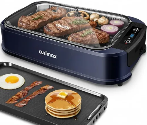 Parrilla eléctrica para interiores con plancha CUSIMAX, parrilla sin humo, parrilla de barbacoa coreana portátil con tecnología de extractor de humo