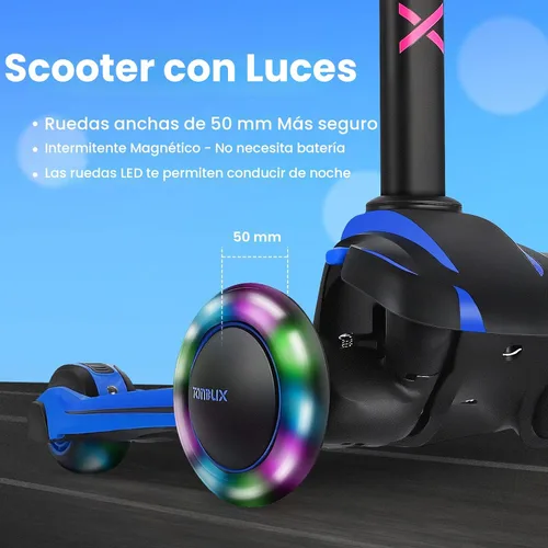 Miniatura 5 de TONBUX Patinete para niños de 3 a 12 años, patinete para niños pequeños con 4 alturas ajustables, patinete de 3 ruedas con luces, diseño de Azul