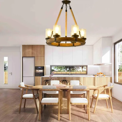 Miniatura 5 de Candelabro de iluminación de rueda de carro, 6 luces con pantalla de vidrio semillado, lámpara redonda de madera para cocina, isla de vestíbulo
