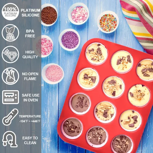 Miniatura 5 de Anaeat Juego de moldes de silicona para magdalenas, 12 tazas regulares y mini 24 tazas de moldes para hornear cupcakes con flexible y antiadherente
