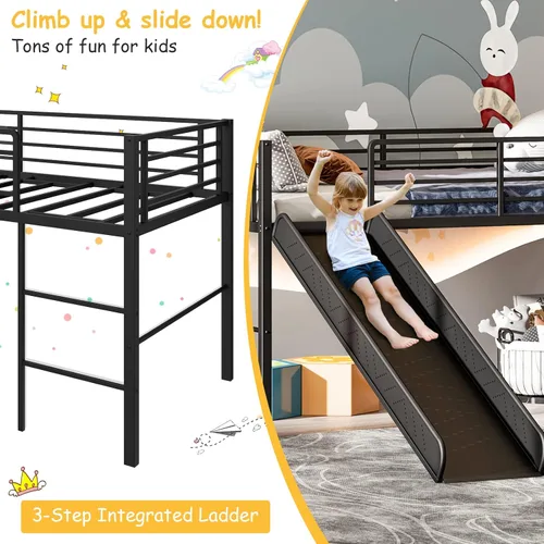 Miniatura 4 de Giantex Cama alta individual con tobogán, litera baja de metal con barandillas de seguridad y escalera integrada, marco de suelo de cama infantil