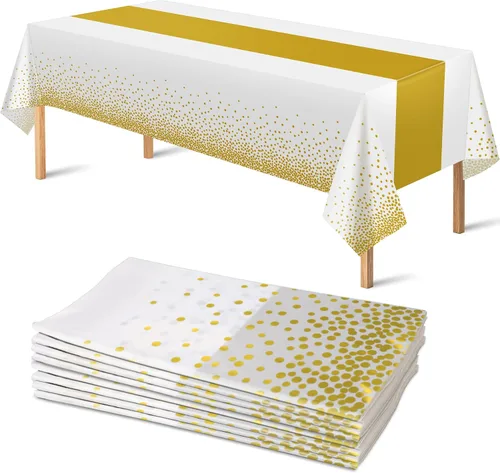 Paquete de 8 manteles desechables de plástico para fiestas, manteles rectangulares de lunares blancos y dorados para bodas, cumpleaños, baby shower,