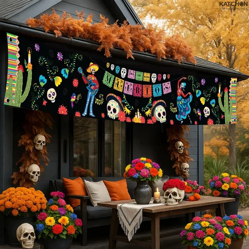 Miniatura 5 de KatchOn, Cartel del Día de los Muertos para el patio, extragrande, 120 x 20 pulgadas, pancarta mexicana de Halloween para decoraciones del Día