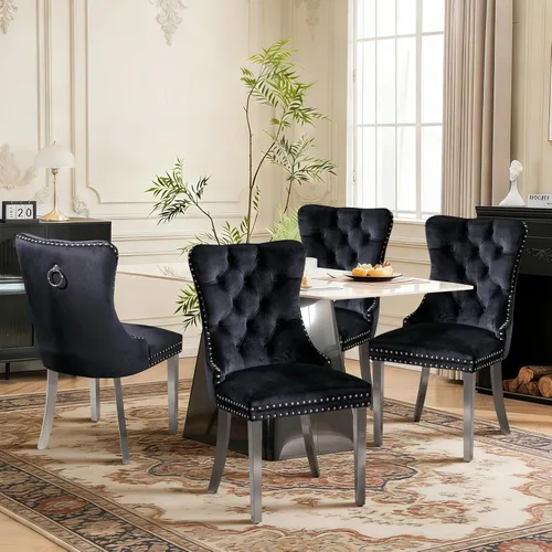 Miniatura 52 de Juego de 4 sillas de comedor de terciopelo, sillas de comedor tapizadas con ribete de cabeza de clavo y patas de madera maciza para cocina