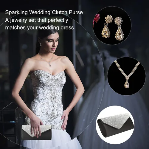 Miniatura 6 de Eshow Bolso de mano para mujer, bolso de noche, diseño de lentejuelas con cuentas vintage, bolsa de diamantes de imitación para boda, fiesta
