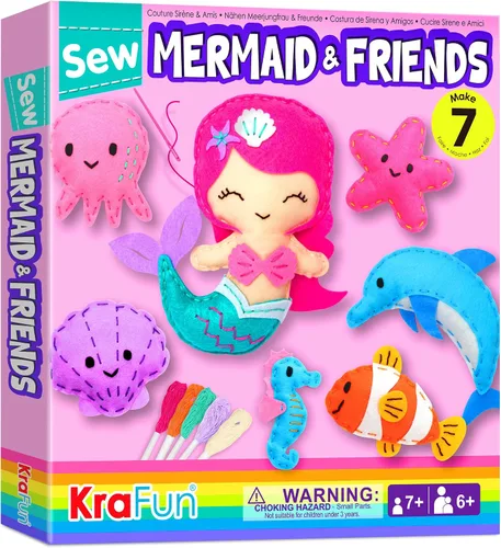 KRAFUN Kit de costura de animales marinos de sirena para principiantes, kit de arte y manualidades, incluye 5 muñecas de felpa suave, instrucciones