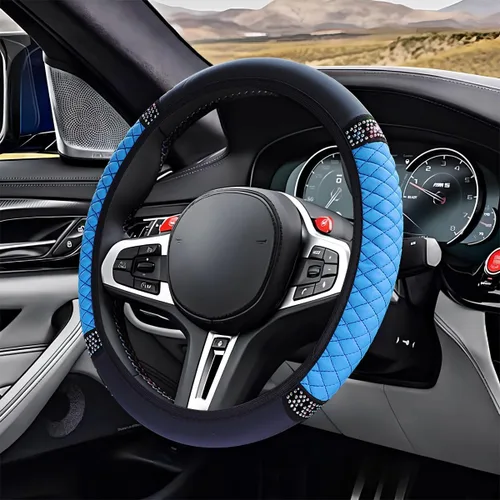 Miniatura 16 de ZIMISI Funda de volante de cuero suave con diamantes brillantes, protector de volante antideslizante de 15" con cristales brillantes para automóvil