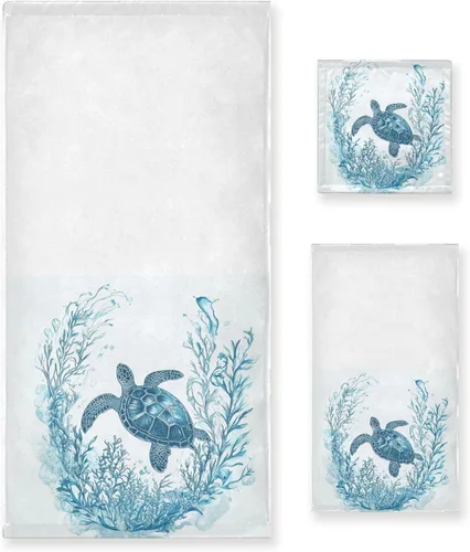Naanle Juego de 3 toallas suaves de lujo con diseño de tortuga marina oceánica, 1 toalla de baño+1 toalla de mano + 1 toallita, multiusos para baño,