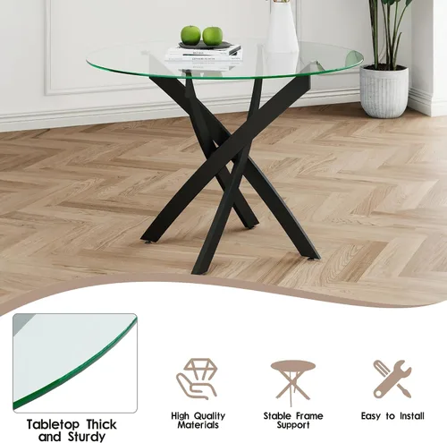 Miniatura 6 de Moderno juego de mesa redonda de vidrio para 4, 36 pulgadas, pequeña base negra de vidrio templado con 4 sillas de comedor minimalistas beige, juego