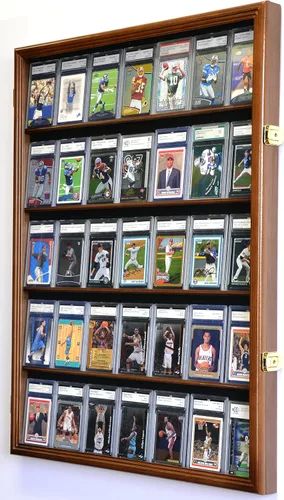 Miniatura 3 de 35 tarjetas deportivas graduadas/estuche de exhibición de tarjetas coleccionables gabinete de pared w/98% puerta UV, con cerradura Acabado en nogal