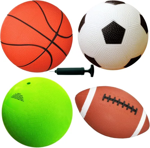 AppleRound Paquete de 4 pelotas deportivas para niños pequeños y niños con inflador, pelota de fútbol de 5 pulgadas, baloncesto, pelota de juegos y