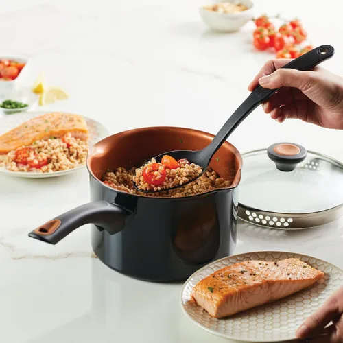 Miniatura 10 de Farberware Glide - Sartén antiadherente de cerámica de cobre con tapa, 3 cuartos de galón, color negro