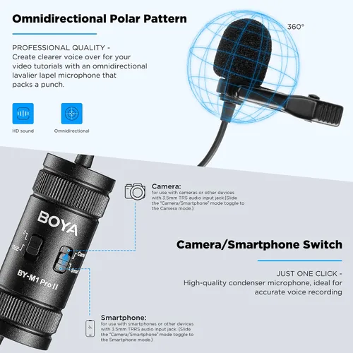 Miniatura 3 de BOYA Micrófono de solapa Lavalier - Sin batería, by-M1 Pro ll Omnidireccional Micrófono de condensador para iPhone Cámara Android PC Windows