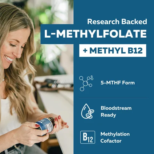 Miniatura 2 de L metilfolato 7.5 mg más metilo B12 - Forma activa 5-MTHF, suplemento MTHFR - Folato metilado listo para torrente sanguíneo + coactor B12 - Apoya