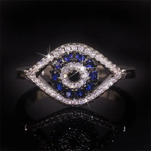 Miniatura 5 de Anillo de plata de ley 925 transparente y azul con circonita cúbica para mujer, anillo de zafiro con circonita cúbica, anillo femenino con un ojo