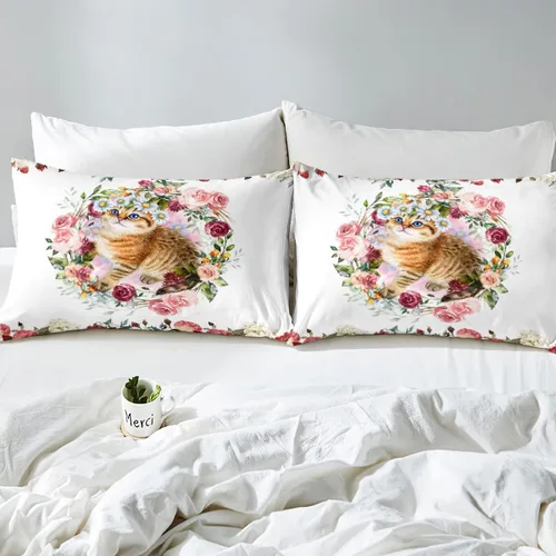 Miniatura 5 de Erosebridal Juego de sábanas de tamaño individual con diseño de gatos y gatos, con temática de animales, con flores coloridas, juego de sábanas
