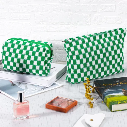 Miniatura 7 de ZLFSRQ Bolsa de maquillaje a cuadros para mujer, grande y pequeña, juego de bolsa de cosméticos a cuadros, bolsas de aseo de viaje, bolsa