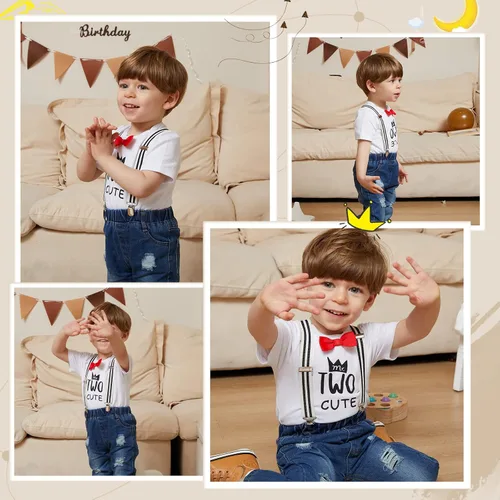 Miniatura 66 de Conjunto de ropa de cumpleaños para bebé niño pequeño, con tirantes, pantalones de mezclilla rasgados