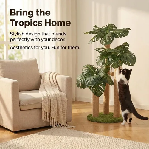 Miniatura 5 de LEMONDA Poste rascador para gatos de 31.5 pulgadas, árbol rascador para gatos con 3 postes rascadores y 2 bolas interactivas colgantes, postes