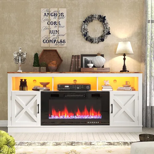 jiteentarou Soporte de TV con chimenea de granja para TV de 70/75/80 pulgadas, centro de entretenimiento de 32 pulgadas de alto con chimenea Blanco