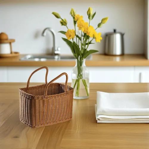 Miniatura 4 de VOSAREA Cesta de mano tejida para almacenamiento y arreglo floral, contenedor decorativo para el hogar, estilo japonés, cesta de picnic para uso