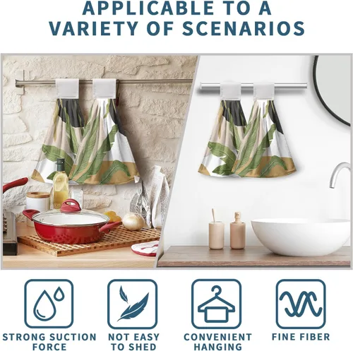 Miniatura 7 de Juego de 2 toallas de cocina colgantes de hojas tropicales de verano, color verde, hojas de palmera, con bucles para colgar, suaves y absorbentes