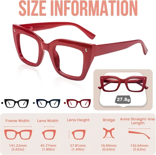 Miniatura 4 de Gafas de lectura de gran tamaño para mujer, lectores gruesos de ojo de gato con bisagras de resorte 1.0 1.25 1.5 1.75 2.0 a 4.0 A Rojo