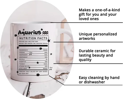 Miniatura 5 de Gossby Aquarius Nutrition Fact Taza de café – Regalo del signo del zodiaco para mujeres, cumpleaños, regalo de astrología de Navidad para mujeres