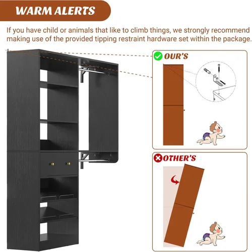Miniatura 8 de Sistema de armario con cajón: sistema organizador reversible de madera de 5 pies con 2 varillas para colgar y estante ajustable, organizadores