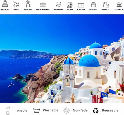 Miniatura 5 de Telón de fondo de tela para fotos de Grecia, Isla Santorini, Oia, Village, fondo de fotografía de Grecia para decoraciones de fiesta temática