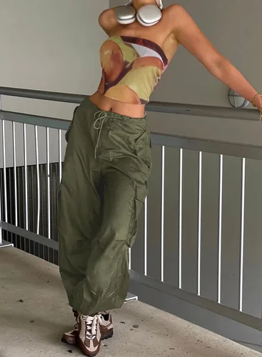 Miniatura 5 de ONIRIKE Pantalones de paracaídas para mujer, pantalones cargo holgados Y2K con cordón y bolsillo