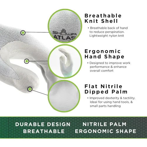 Miniatura 3 de SHOWA Atlas 370 - Guantes de trabajo de uso general con revestimiento de palma de nitrilo con forro de nailon, color blanco, talla S (12 pares)