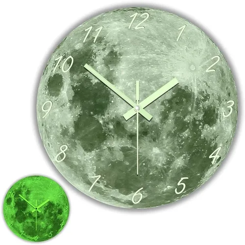 The Geeky Days Reloj de pared con luna que brilla en la oscuridad para sala de estar, diseño moderno, luminoso, silencioso, sin tictac, decoración