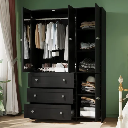 Miniatura 4 de VOWNER Armario clóset con cajones y espejo, gabinete de almacenamiento de ropa de 71" con barra para colgar, armario de madera de 4 puertas