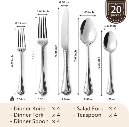 Miniatura 2 de Juego de cubiertos KINGSTONE, juego de 20 piezas de cubiertos de acero inoxidable 18/10 para 4, para cocina, hogar, boda, fiesta, pulido de espejo